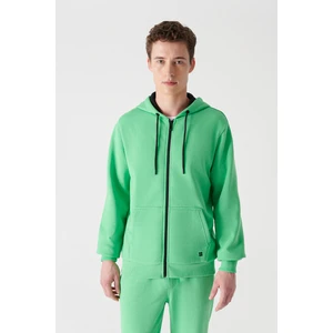 Erkek Neon Yeşil Kapüşonlu 3 Iplik Şardonlu Fermuarlı Sweatshirt E001019