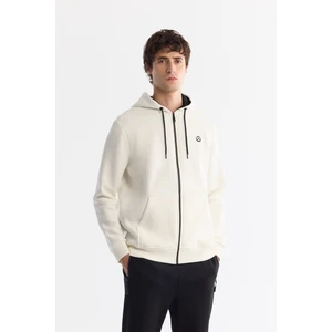 Erkek Beyaz Kapüşonlu 3 Iplik Şardonlu Fermuarlı Sweatshirt E001019