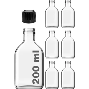 200 cc Cold Brew Şeffaf 200 ml Kilitli Siyah Plastik Kapaklı Yassı Cam Şişe (Soğuk Kahve) 6 Adet