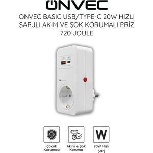 Basic Usb/Type-c 20W Hızlı Şarjlı Akım ve Şok Korumalı Priz 720 Joule