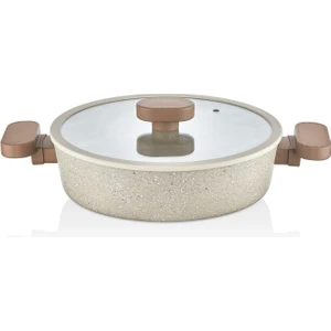 28 Cm Basık Silikon Kenarlı Cam Kapak Granit Tencere
