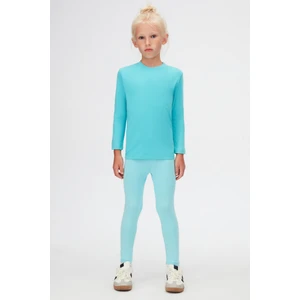 Açık Turkuaz Basic Unisex Çocuk Kışlık Sıfır Yaka Uzun Kollu Tişört