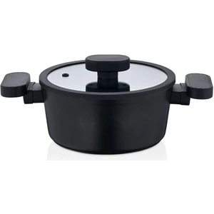 24 Cm Derin Silikon Kenarlı Cam Kapaklı Granit Tencere - Siyah