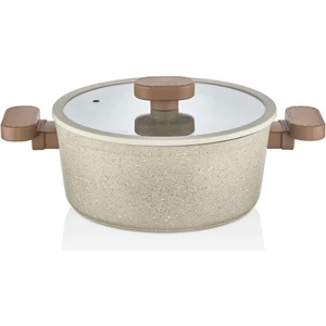 24 Cm Derin Silikon Kenarlı Cam Kapaklı Granit Tencere - Kahverengi
