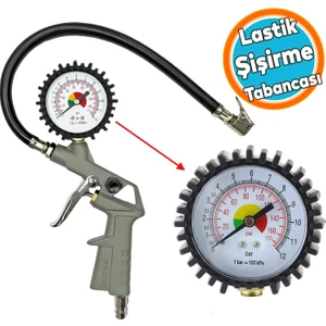 Basınç Göstergeli Lastik Şişirme Tabancası Saatli Jak Hortum ve Sibop Uyumlu Şambrel Tekerlek Hava