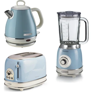 Vintage Kahvaltı Seti Su Isıtıcı Kettle + Smoothie Cam Blender + Ekmek Kızartma Makinesi Seti Mavi