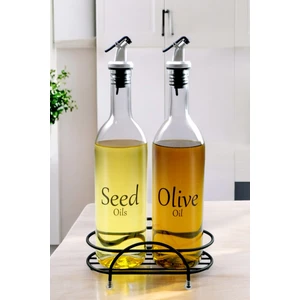 Luxe 2'li Siyah Metal Standlı Yağdanlık Seti Şeffaf Etiketli Cam Yağlık 750 ml Cys-09