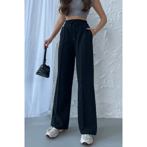 Kadın Mevsimlik Salaş Geniş Paça Yüksek Bel Siyah Eşofman Altı