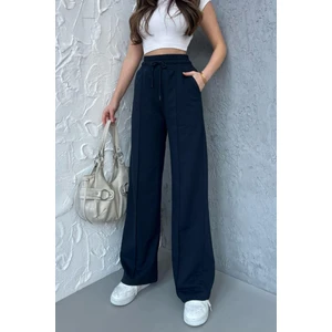 Kadın Mevsimlik Salaş Geniş Paça Yüksek Bel Lacivert Eşofman Altı