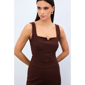 Yaka Gold Aksesuarlı Bluz - Kahve