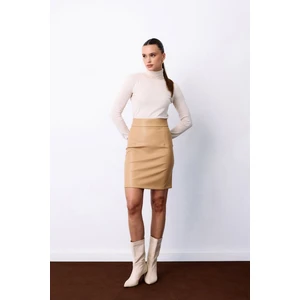 Şardonlu Deri Etek - Bej