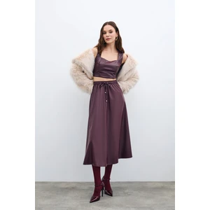 Bel Lastikli Deri Etek - Bordo