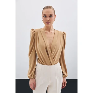 Kruvaze Vatkalı Bodysuit - Camel