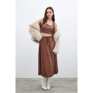 Bel Lastikli Deri Etek - Kahve