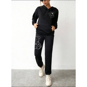 Kadın Siyah Kapüşonlu Üst Siyah Alt Oversize Eşofman Takımı