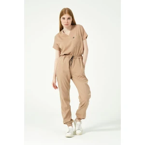 Pratik Medikal Bej Likralı Scrubs Jogger Paça Doktor Hemşire Forması Yarasa Kol Takım