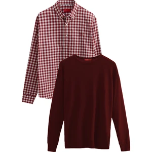 D'S Damat Ds Damat Slim Fit Bordo Pamuk Karışımlı 2'li Bisiklet Yaka Triko ve Gömlek