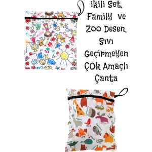 2 Adet, 37 x 30 Cm, Family ve Zoo Desen, Sıvı Geçirmeyen Çok Amaçlı Çanta, Ekonomik Set, Yıkanabilir
