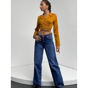 Gömlek Yaka Beli Bağlamalı Crop Bluz