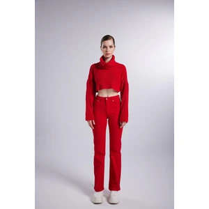 Holly Lolly Kadın Kırmızı Yüksek Bel Fermuarlı Wide Leg Alert Jean