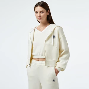 Retro Fermuarlı Baskılı Kadın Krem Hoodie