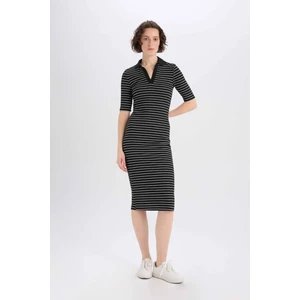 Bodycon Vücudu Saran Polo Yaka Fitilli Kaşkorse Kısa Kollu Midi Elbise E6792AX25SP