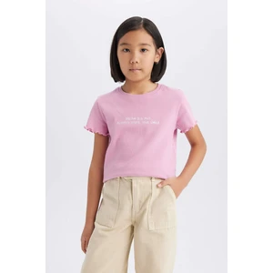 Kız Çocuk Slim Fit Dar Kesim Bisiklet Yaka Baskılı Fitilli Kaşkorse Kısa Kollu Tişört B6689A825SM