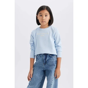 Kız Çocuk Slim Fit Dar Kesim Bisiklet Yaka Baskılı Fitilli Kaşkorse Uzun Kollu Okul Tişörtü D8565A825SP