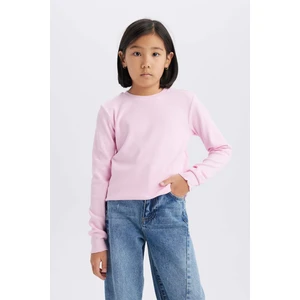 Kız Çocuk Slim Fit Dar Kesim Bisiklet Yaka Ribana Uzun Kollu Basic Düz Okul Tişörtü B7452A825SP
