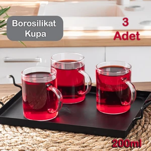 Borosilikat Isıya Dayanıklı Cam 3 Adet Kulplu Çay Kahve Kupa Bardak Takımı 200 Ml