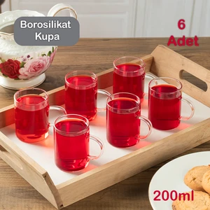 Borosilikat Isıya Dayanıklı Cam 6'Lı Kulplu Çay Kahve Kupa Bardak Takımı 200 Ml