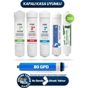 H-MAX Reverse Osmosis System 80GPD Membranlı Kapalı Kasa Su Arıtma Cihazı 6'Lı Filtre Seti - 0058