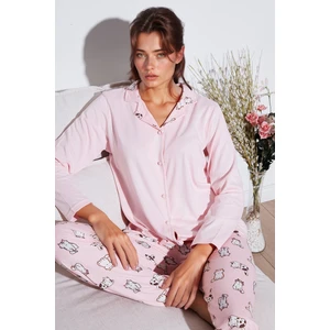 Desenli Regular Fit Apaş Yaka Beli Lastikli Bol Paça Pijama Takımı Bayan PİJAMA TAKIMI 65714300