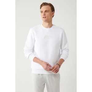 Erkek Beyaz Bisiklet Yaka 3 İplik Şardonlu Baskılı Sweatshirt A32Y1273