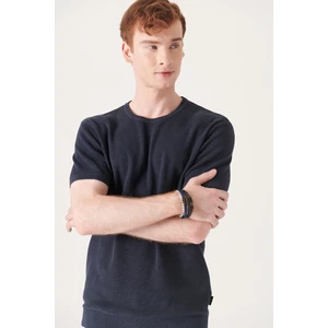 Erkek Lacivert Soft Touch Modal Bisiklet Yaka Dokulu Ribanalı Triko T-shirt B005010