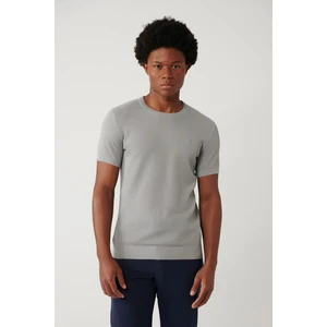 Erkek Gri Soft Touch Modal Bisiklet Yaka Dokulu Ribanalı Triko T-shirt B005010