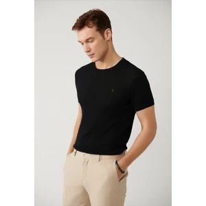 Erkek Siyah Soft Touch Modal Bisiklet Yaka Dokulu Ribanalı Triko T-shirt B005010