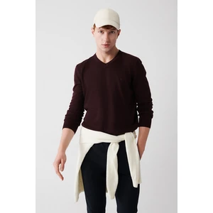 Erkek Bordo V Yaka Tüylenme Yapmayan Triko Kazak E005003