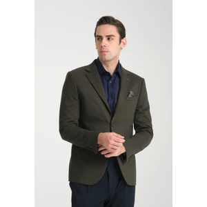 Jasino Erkek Haki Pamuklu Likralı Slim Fit Örme Esneyen Mono Yaka Blazer Ceket