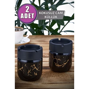 Grimor Life 2 Adet Siyah Mermer Desenli Dekoratif Cam Kokusuz Küllük Seti 425 cc