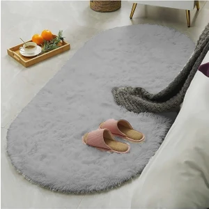 Raschel Carpet Açık Gri Yumuşak Kaymaz Özel Taban Oval Peluş Halı Yolluk