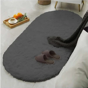 Raschel Carpet Koyu Gri Yıkanabilir Yumuşak Kaymaz Özel Taban Oval Peluş Halı Yolluk