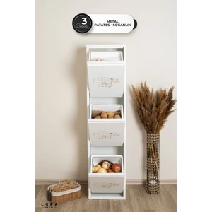 Leyl 3 Katlı 3 Bölmeli Beyaz Baskılı Metal Sebzelik – 143 x 26 x 34 cm Çok Amaçlı Dolap