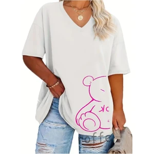 Kadın V Yaka  Baskılı Beyaz Oversize T-Shirt Salaş