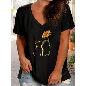 Kadın  Siyah Baskılı Oversize T-Shirt Salaş