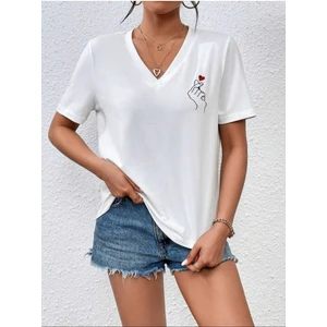 V Yaka El/kalp Baskılı Oversize T-Shirt Salaş Boyfirend