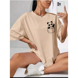 Kadın Cep Panda Baskılı Oversize Salaş T-Shirt Ünisex Boyfirend