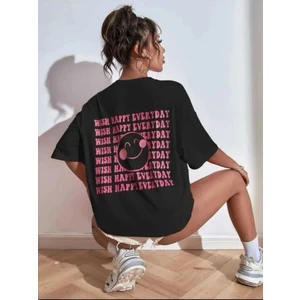 Kadın Smile Oversize Salas Boyfriend Baskılı T-Shirt Top Bluz