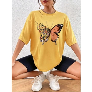 Sarı Kelebek Baskılı Kadın Oversize T-Shirt Salaş Boyfirend