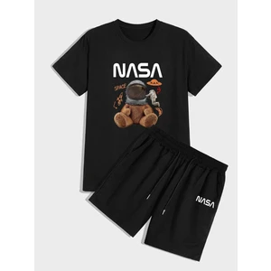 Unisex Siyah Nasa Ayıcık Baskılı Oversize T-Shirt ve Şort Kombin